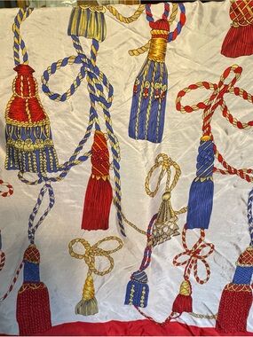Vintage pASSEMENTERIE Silk Tassel Print Scarf - Red, Blue & Gold 1970s & 80s
